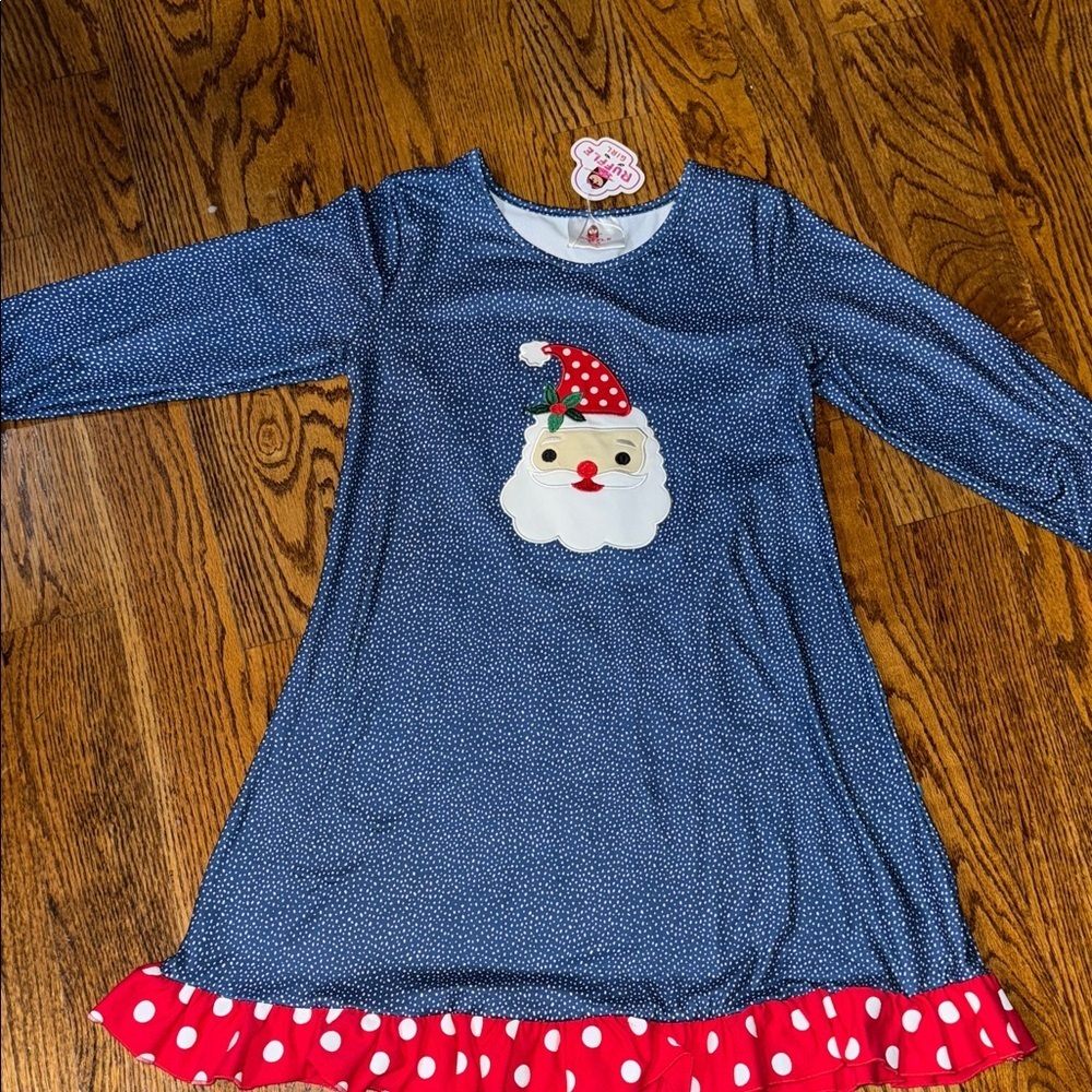 Ruffle girl BLUE holiday dress with Santa appliqué size 10 NWT